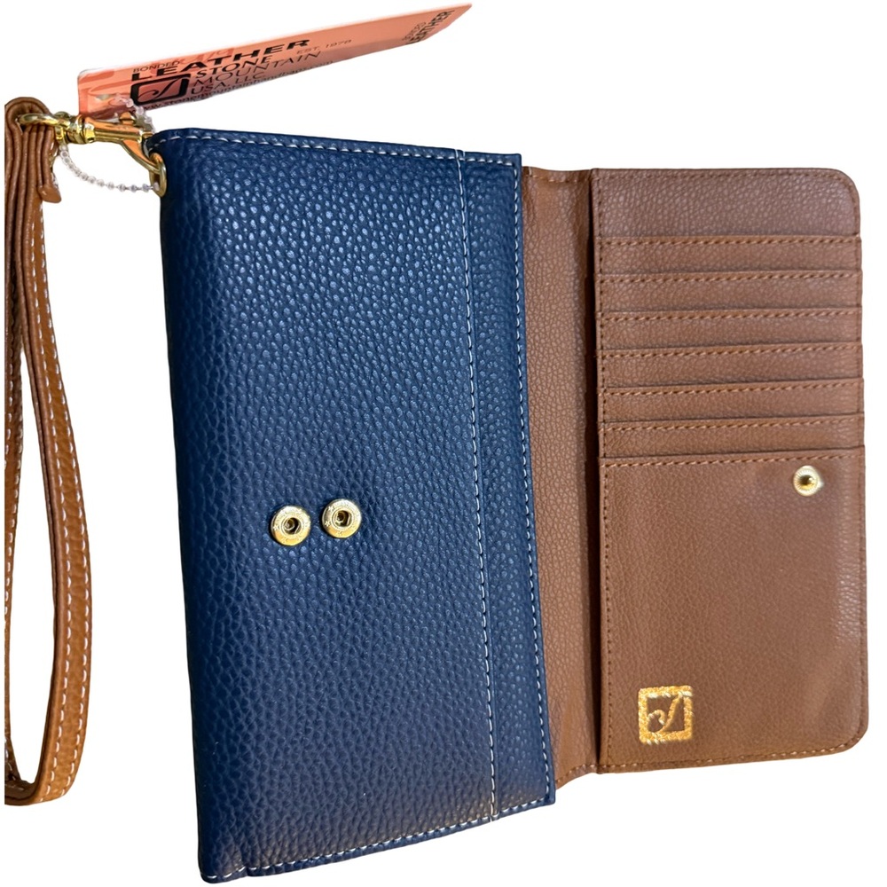 Stone Mountain Leather Navy Tan Wristlet Wallet NWT $68 trifold ID window card - Picture 4 of 9